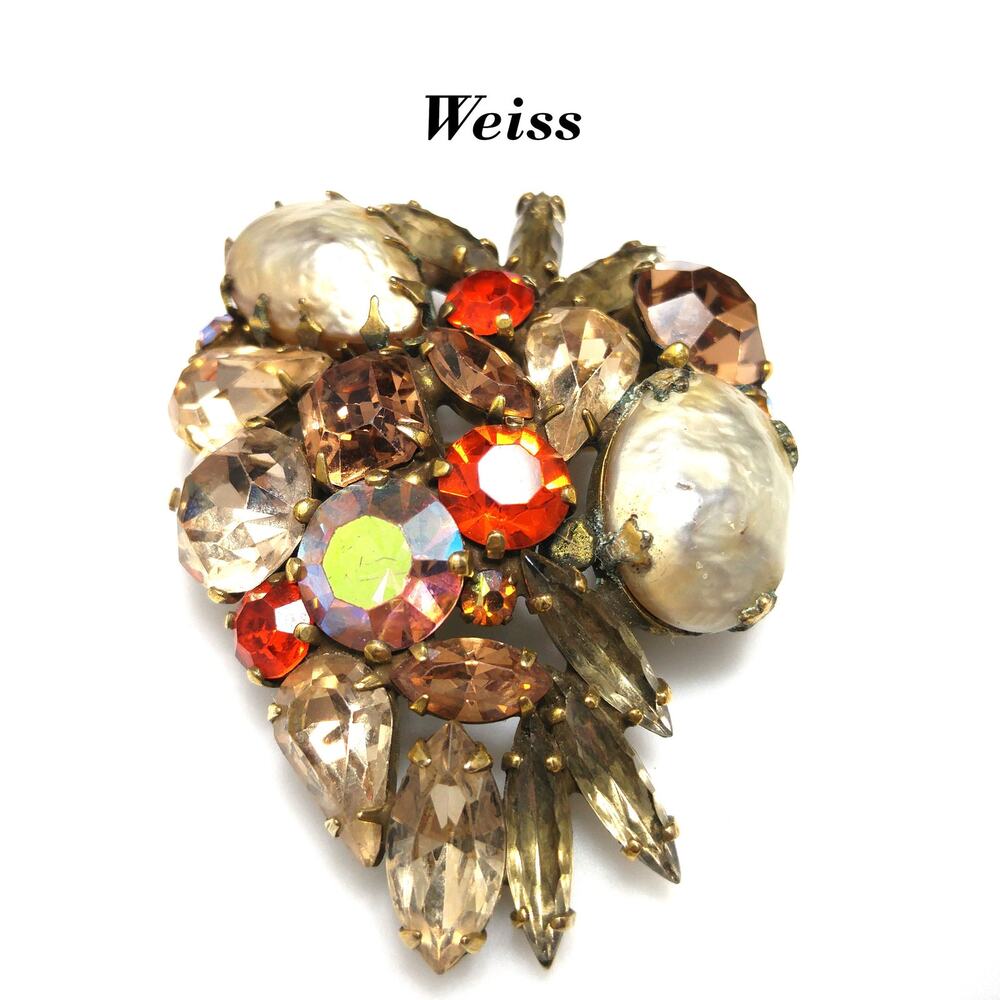 Vintage Weiss Baroque Pearl Rhinestone Brooch Amber Orange Gold Tone